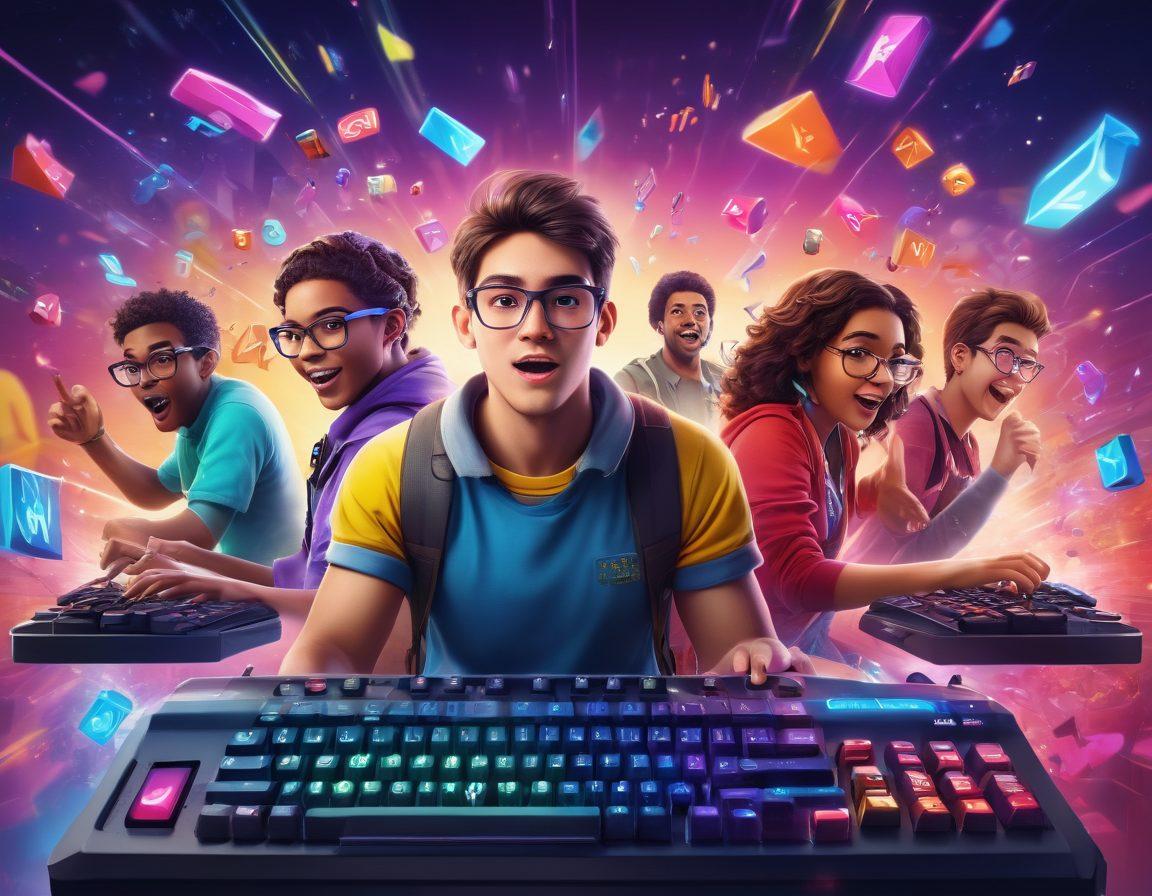 A dynamic scene showing a diverse group of enthusiastic gamers engaged in a vibrant typing tutorial, surrounded by colorful animated letters and symbols flying around them, with an engaging interface displaying progress bars and fun achievements. The background features a blend of gaming elements like consoles, keyboards, and motivational quotes about improvement. super-realistic. vibrant colors. 3D.