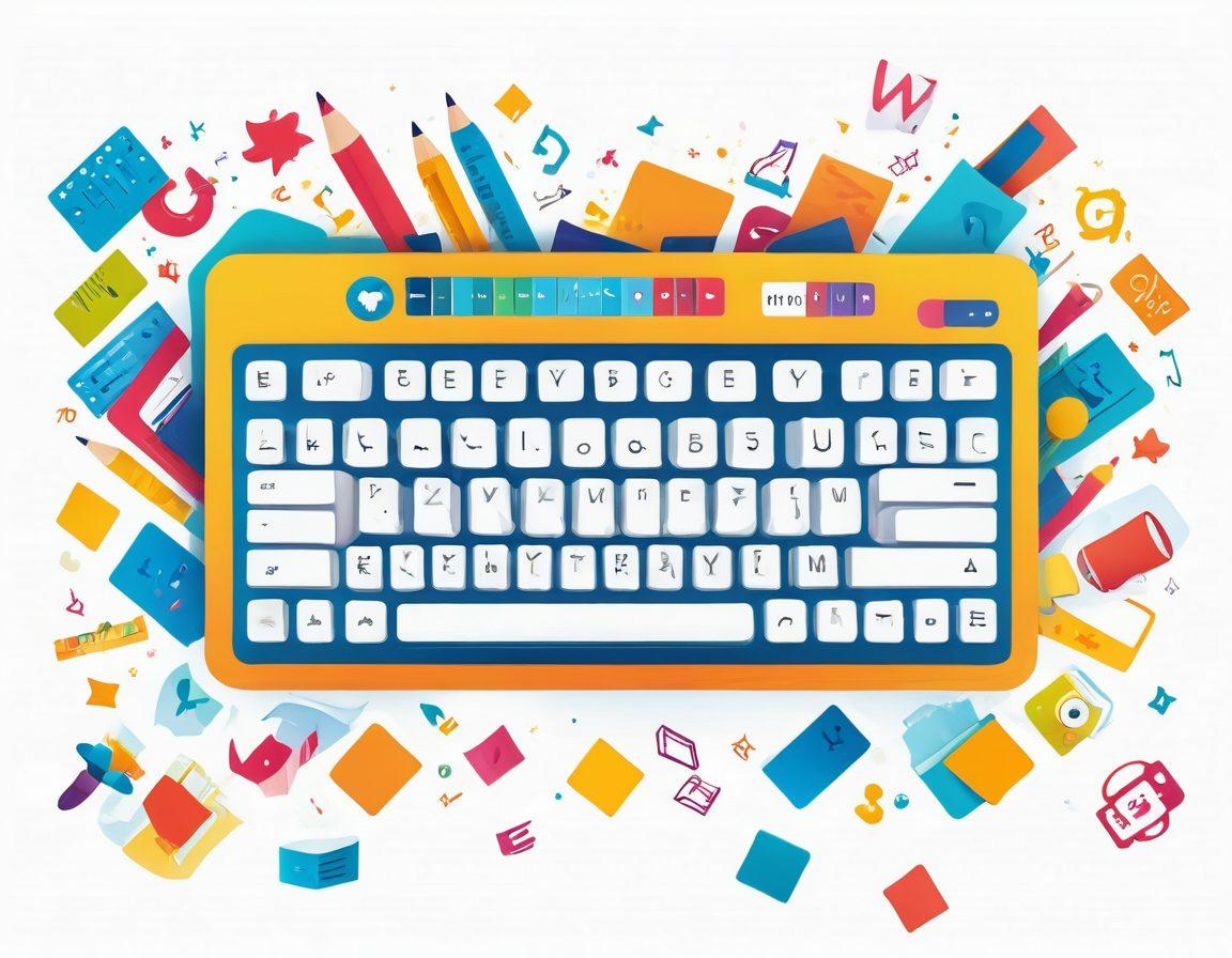 A colorful and playful workspace featuring a whimsical keyboard surrounded by floating letters and symbols, with a backdrop of cheerful cartoon characters engaging in typing challenges. Bright, vibrant colors and a dynamic atmosphere should convey joy and excitement. The surface is littered with fun typing tools and gadgets, amplifying the theme of creativity and fun in typing. vector art. vibrant colors. white background.