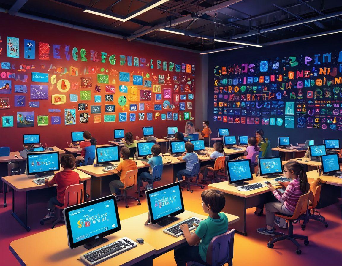 A colorful and dynamic scene depicting children engaging with interactive typing games on vibrant computers and tablets, surrounded by floating letters and playful characters. Include elements like a cheerful atmosphere, light animations around the screens, and educational icons to represent fun learning. The background features an inviting classroom environment with motivational posters and soft lighting. pixel art. vibrant colors. playful style.
